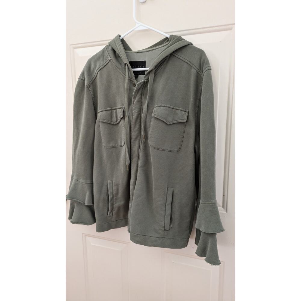 Sanctuary Green Knit Utility Jacket with Hood, Medium, Cotton, Ruffle Sleeves
